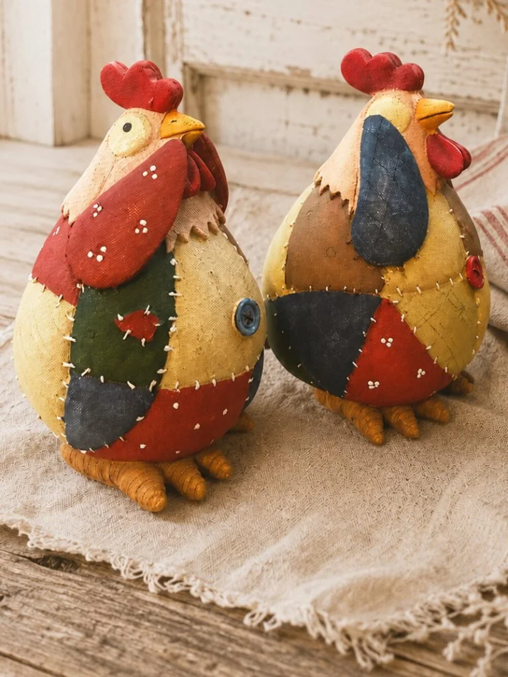 Set of 2 Vintage Roseluo Style Patchwork Primitive Rooster Collectible Figurines